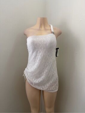 Jantzen One Shoulder One-Piece Swimsuit with Crochet Cover-Up – White